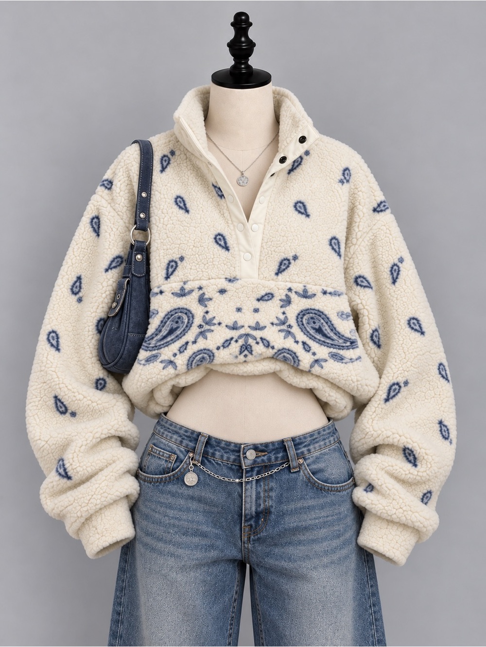 American Eagle Outfitters Cream Sherpa Pullover with Blue Paisley Print